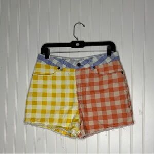 Farm Rio x Anthro Gingham Shorts Womens Medium Yellow Orange Checkered
